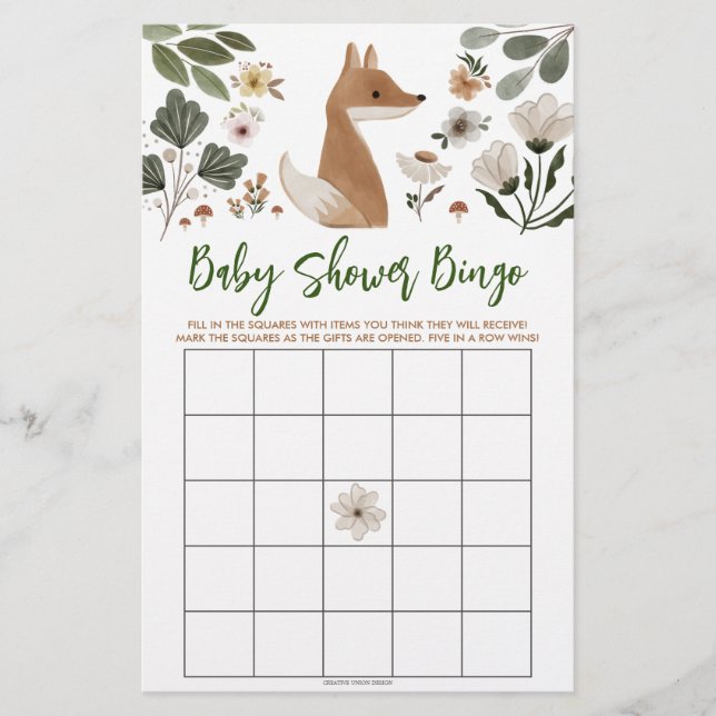 Boho Woodland Fox Brautparty Bingo Game (Vorderseite)