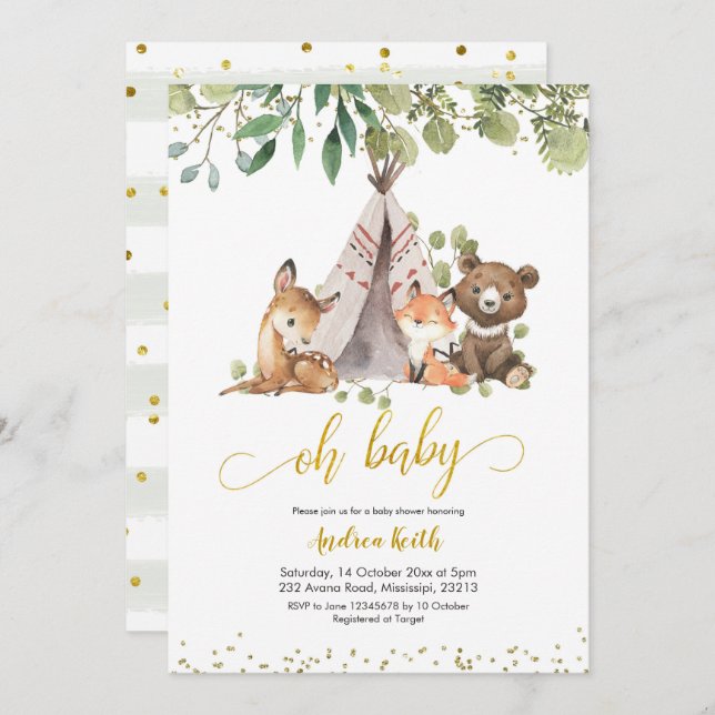 Boho Woodland Greenery Kinderdusche Einladung (Vorne/Hinten)