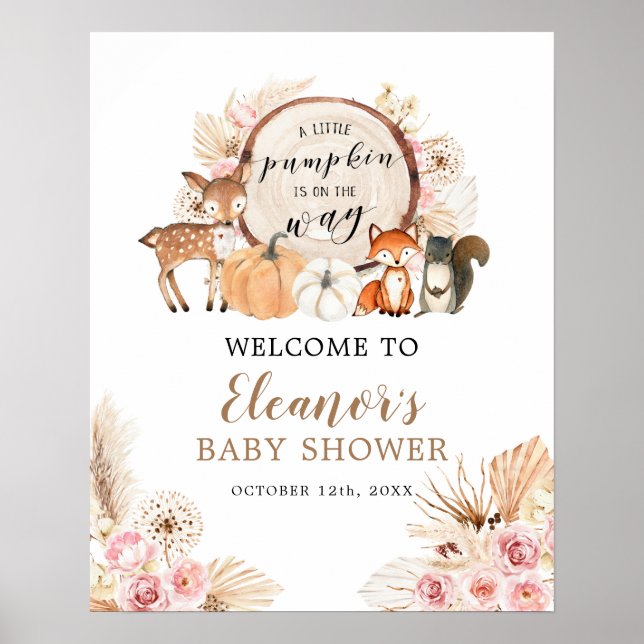 Boho Woodland Pumpkin Baby Dusche Begrüßungszeiche Poster (Vorne)