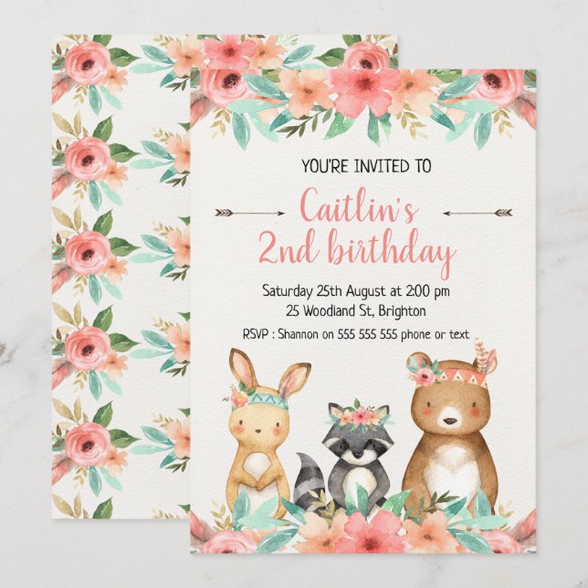 Boho Woodland Tiere zum Geburtstag Einladung (Vorne/Hinten)