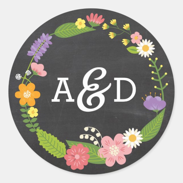 Boho Woodland Wreath auf Chalkboard Wedding Runder Aufkleber (Vorderseite)