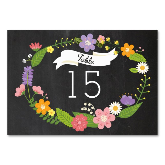 Boho Woodland Wreath auf Chalkboard Wedding Tischnummer (Vorderseite)