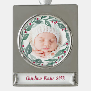 Boho Wreath Großeltern Erstes Weihnachtsfest Foto Banner-Ornament Silber