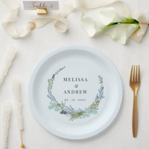 Boho Wreath on Light Blue Wedding Design Pappteller