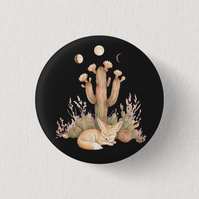 Boho-Wüsten-Fennec-Fuchs schlafend unter Saguaro-K Button (Vorderseite)