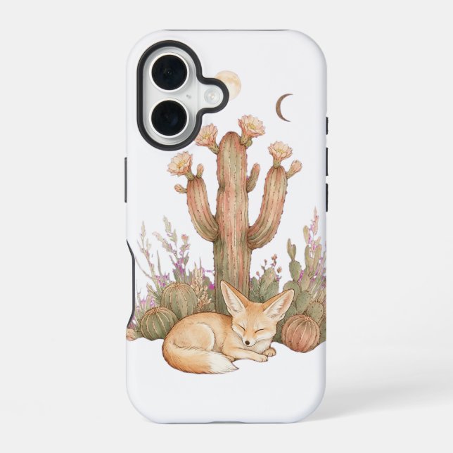 Boho-Wüsten-Fennec-Fuchs schlafend unter Saguaro-K iPhone 16 Hülle (Rückseite)