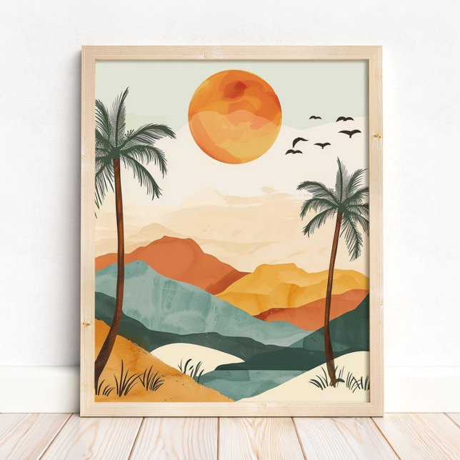 Boho-Wüsten-Sonnenuntergangs-Landschaft-Wandkunst- Poster (Boho Desert Sunset Landscape Wall Art Print in a neutral wooden frame on the floor)