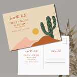 Boho Wüstenbudget Hochzeit retten Datum Ankündigungspostkarte<br><div class="desc">Ideal für die Paare,  die ihre Hochzeitsfeier in der Boho Wüste planen. Diese preiswerte Hochzeit speichern das Datum Postkarte zeigt eine Wüstenszene mit Kakteen in einem farbenfrohen Design gedruckt mit Ihren Hochzeitsdetails.</div>