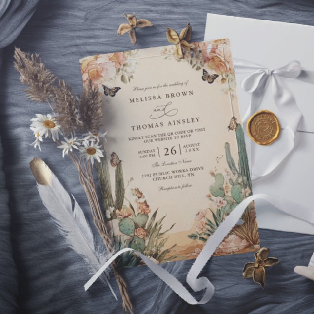 Boho Wüstenkaktus Elegante QR-Code-Hochzeit Einladung (Von Creator hochgeladen)