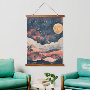 Boho-Wüstenmond Indigo-Kupfer-Himmelslandschaft Wandteppich Mit Holzrahmen