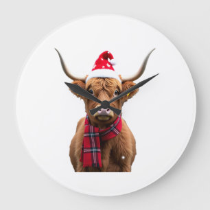 Boho Xmas Weihnachten Highland-Kuh T-Shirt (4) Große Wanduhr