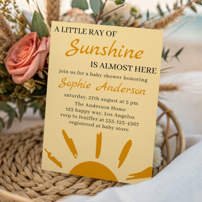 Boho Yellow A Little Ray of Sunshine Baby Shower Einladung (Von Creator hochgeladen)
