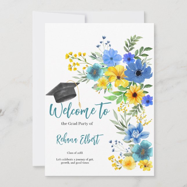 Boho Yellow & Blue Floral Abschluss Einladung (Vorderseite)