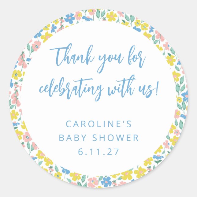 Boho Yellow Ditsy Floral Custom Baby Dusche Danke Runder Aufkleber (Vorderseite)