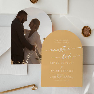 Boho Yellow Marigold Foto Arch Spanish Wedding Einladung