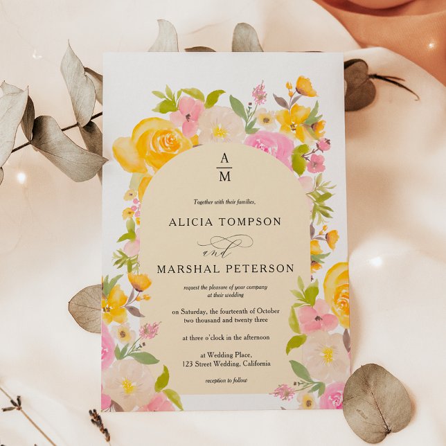 Boho Yellow pink floral arch chic wedding Einladung (Boho Yellow pink floral arch chic wedding Invitation)