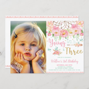 Boho Young Wild und Three 3. Birthday Girl Foto Einladung