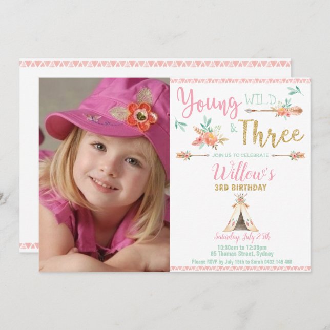 Boho Young Wild und Three 3 Birthday Girl Foto Einladung (Vorne/Hinten)