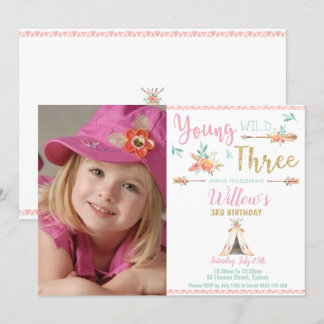 Boho Young Wild und Three 3 Birthday Girl Foto Einladung