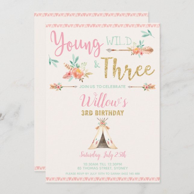 Boho Young Wild und Three 3. Birthday Party Girl Einladung (Vorne/Hinten)