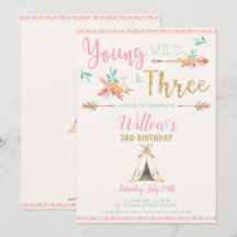 Boho Young Wild und Three 3. Birthday Party Girl