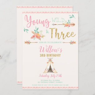 Boho Young Wild und Three 3. Birthday Party Girl Einladung