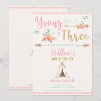 Boho Young Wild und Three 3. Birthday Party Girl Einladung