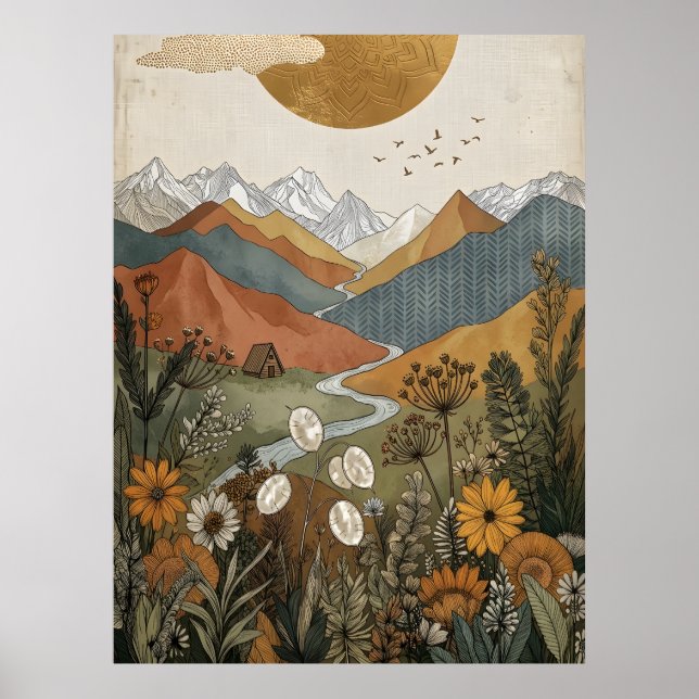 Boho-Zeltal-Hüttenlandschaft am Fluss Poster (Vorne)