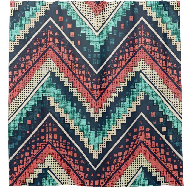 Boho Zickzack Pattern | Aquamarin, Coral und Cream Duschvorhang (Vorderseite)
