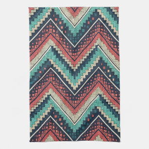 Boho Zickzack Pattern   Aquamarin, Coral und Cream Geschirrtuch