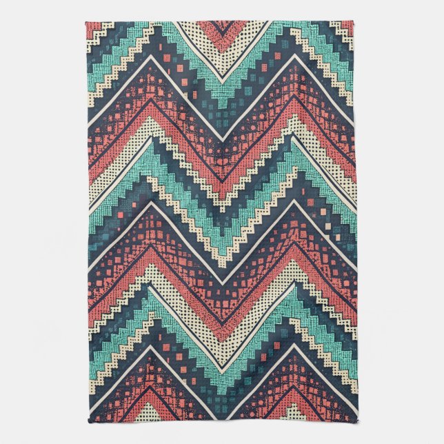 Boho Zickzack Pattern | Aquamarin, Coral und Cream Geschirrtuch (Vertikal)