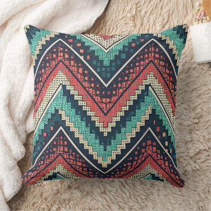 Boho Zickzack Pattern Aquamarin, Coral und Cream Kissen