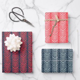 Boho Zickzack Strip in Red and Navy Weihnachten Geschenkpapier Set
