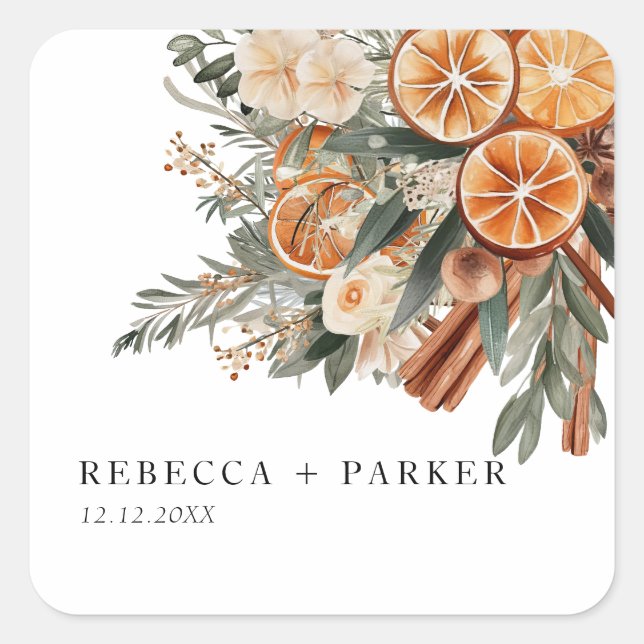Boho Zimon Winter botanischer Hochzeitsticker Quadratischer Aufkleber (Vorderseite)