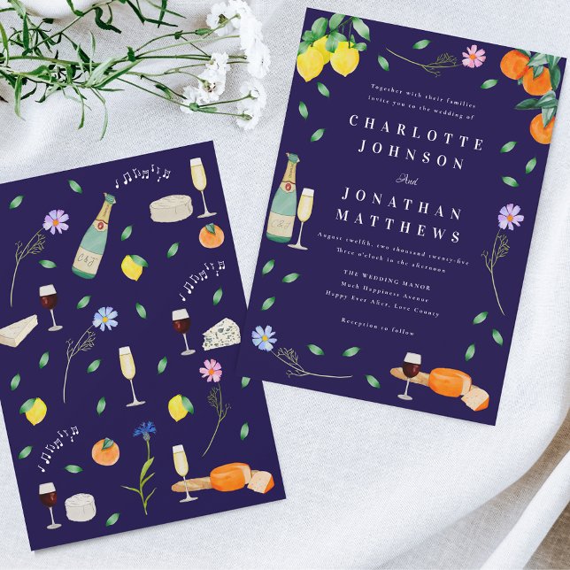 Boho-Zitrus & Wein Marineblaue Hochzeit Einladung (Wildflower boho citrus floral wine and cheese navy blue Wedding invitation barn backyard wedding)
