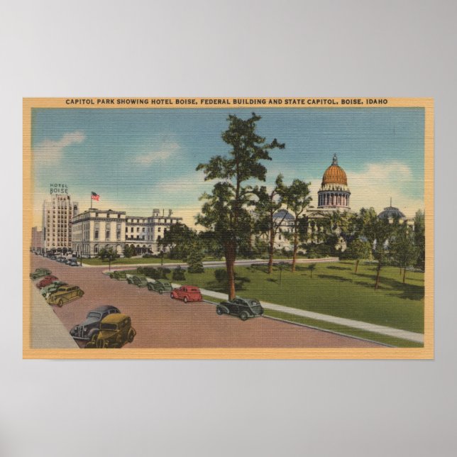 Boise, ID - Aussicht auf Hauptstadt Park & Umgebun Poster (Vorne)