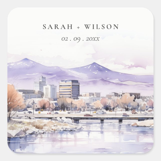 Boise, Idaho Watercolor Landscape Wedding Quadratischer Aufkleber (Vorderseite)