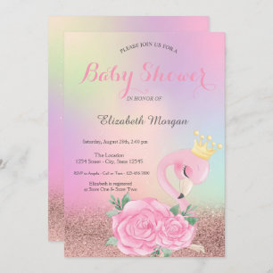 Bokeh, Baby Pink Flamingo Holographic Baby Shower Einladung