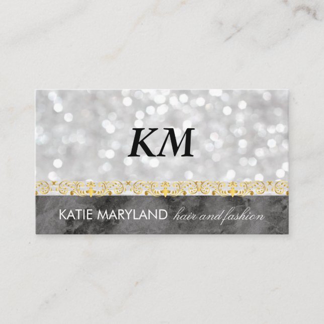 Bokeh Black Marble Gold Floral Foil Monogram Visitenkarte (Vorderseite)