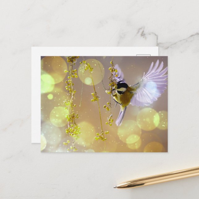 Bokeh Bubbles Flying Hummingbird - Gelb Postkarte (Vorderseite/Rückseite Beispiel)
