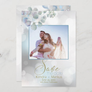 Bokeh Dusty Blue Laurel Eucalyptus Save the Date Einladung