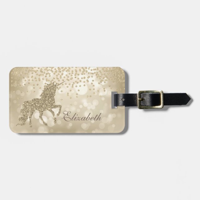 Bokeh Foil Confetty Gold Glitzer Unicorn Gepäckanhänger (Vorderseite horizontal)