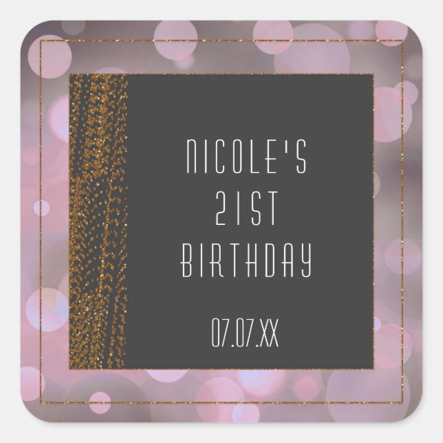 Bokeh Glam Pink Gray & Gold Gefälligkeitskleber Quadratischer Aufkleber (Vorderseite)