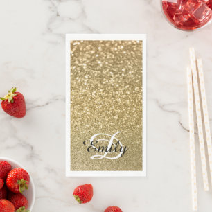 Bokeh Gold Glitzer Black and White Monogram Serviette
