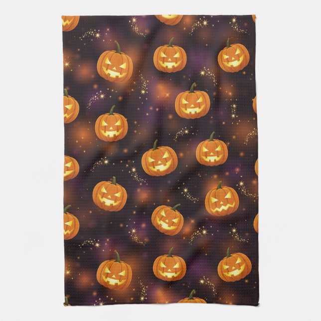 Bokeh Halloween | Leuchtender Kürbis (4) Geschirrtuch (Vertikal)