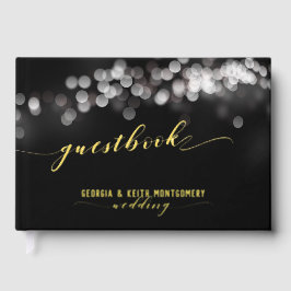 Bokeh Lights Black Gold Script Elegante Hochzeit Gästebuch
