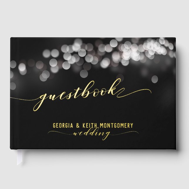 Bokeh Lights Black Gold Script Elegante Hochzeit Gästebuch (Vorderseite)
