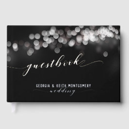 Bokeh Lights Black Silver Script Elegante Hochzeit Gästebuch
