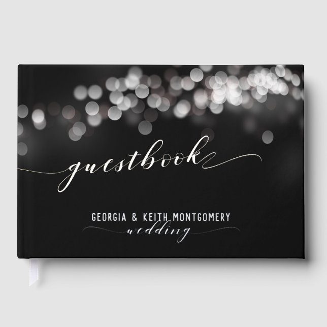 Bokeh Lights Black Silver Script Elegante Hochzeit Gästebuch (Vorderseite)