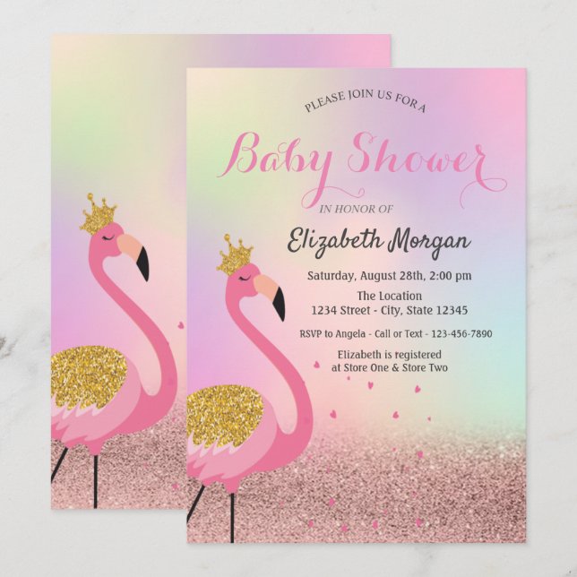 Bokeh, Pink Flamingo Holographic Baby Shower Einladung (Vorne/Hinten)